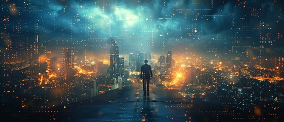 Professional businessman walking on a futuristic interface graphic and a future Pattaya city background at night, using Cyberpunk colors - obrazy, fototapety, plakaty