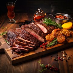 Cooked meat on the Wooden board.