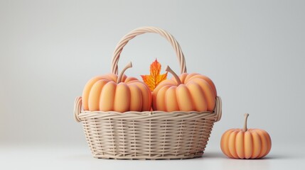 A basket filled with orange pumpkins next to a small one