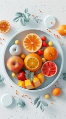 A plate of fruit on a white table