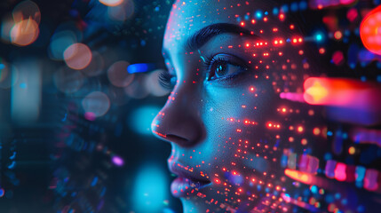 Female face with neon light, Human with digital and big data concept.