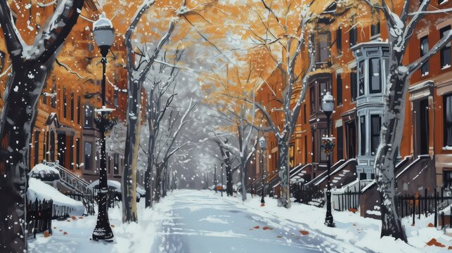 a painting of a snowy city street with a lamp post in the foreground and a row of buildings in the background.