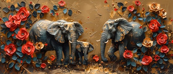 Obraz premium Prints, wallpapers, posters, cards, murals, rugs, hangings. Abstract oil painting art. Flowers, leaves. Animal prints, elephants, zebras, horses.
