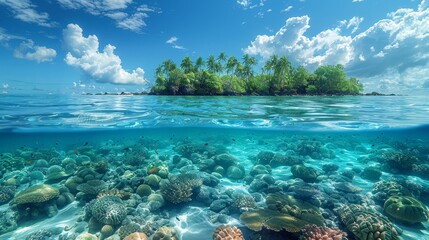 View of a tropical island and coral reef with a waterline in the distance