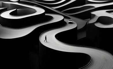 Silhouette of a man walking on a spiral road