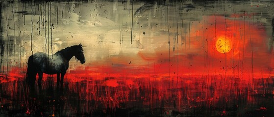 A modern painting with a textured background and metal elements, animals, horses, etc.