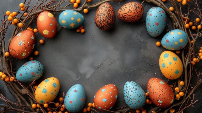 Painted multi-colored eggs surrounded by twigs and orange berries on a gray background. Copy space. High quality photo