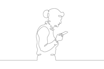 A old lady stands with a phone in his hand. A old lady is talking on a smartphone. One continuous line . Line art. Minimal single line.White background. One line drawing.