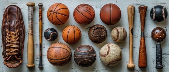 On a white background are numerous sports equipments such as a basketball, soccer ball, tennis ball, baseball, bat, tennis racket, football, and baseball glove.