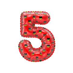 3D inflated balloon Number 5 with red and yellow meme coin Shiba Inu  pattern