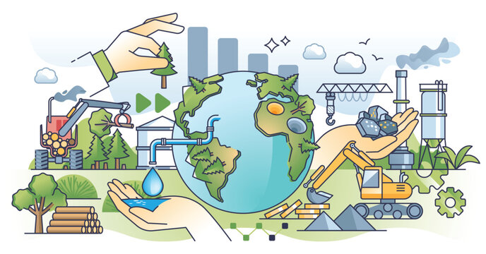 Raw material sourcing supply chain with global delivery outline concept. Mineral mining, metal and forestation industry to supply manufacturing with precious nature supplies vector illustration.