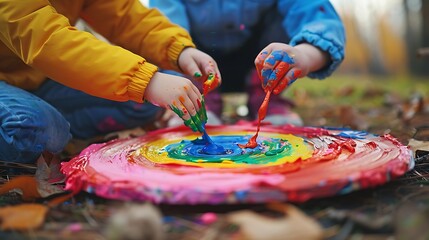 Two children mix different paints on a plate to paint a rainbow on a pink sweater outdoors