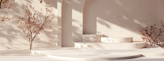 Cream podium with stair interior. Wall with sunlight and shadow. Beige empty pedestal. AI generate - obrazy, fototapety, plakaty
