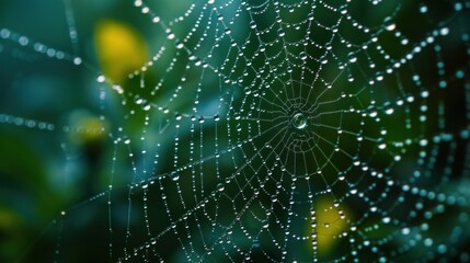 a close up of a spider web with drops of water on the spider's web in the center of the web. - obrazy, fototapety, plakaty