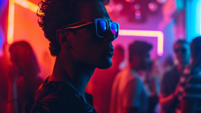 A young man wearing sunglasses stands out in a crowded room filled with people