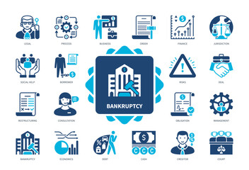 Bankruptcy icon set. Restructuring, Borrower, Debt, Creditor, Idea, Jurisdiction, Social Help, Economics. Duotone color solid icons