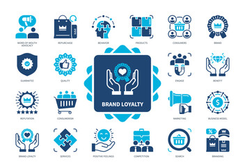 Brand Loyalty icon set. Repurchase, Consumers, Positive Feelings, Branding, Engage, Reputation, Competition, Advocacy. Duotone color solid icons