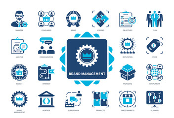 Brand Management icon set. Reputation, Target Markets, Heritage, Consumers, Supply Chain, Social Media, Price, Packaging. Duotone color solid icons
