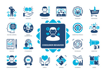 Consumer Behavior icon set. Attitudes, Sociology, Brand, Loyalty, Idea, Machine Learning, Emotions, Lifestyle. Duotone color solid icons
