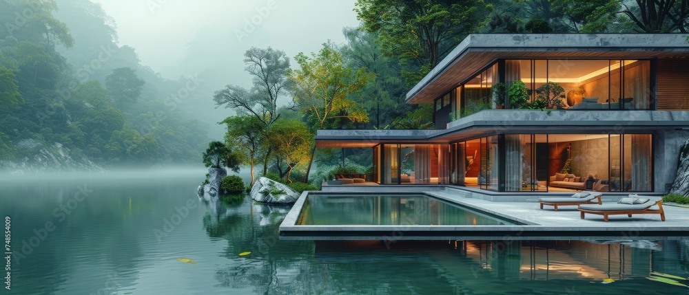 Canvas Prints An overview of modern luxury house with swimming pool, concept of minimal architecture design on a green lake background. 3D rendering of luxury modern house with swimming pool.