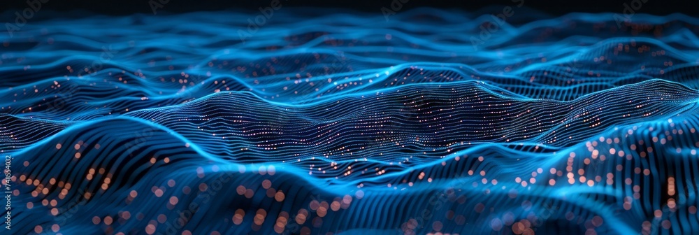Poster a digital visualization of flowing waves in shades of blue, created using computer technology