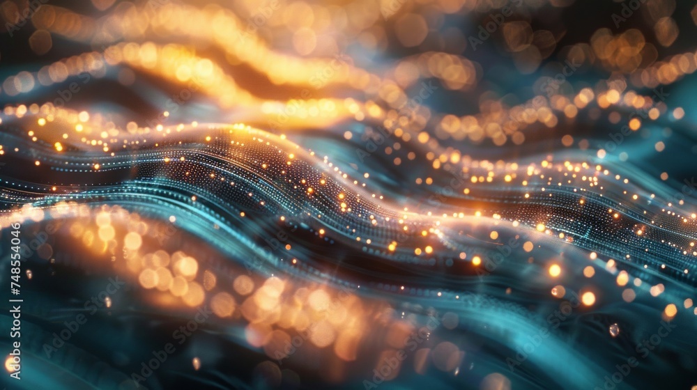 Poster a digital abstract visualization showing a blurry wave of light