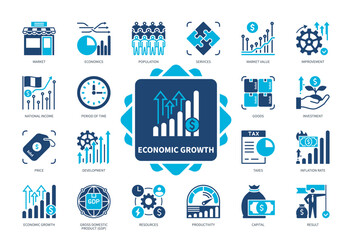 Economic Growth icon set. National Income, Productivity, Development, Market Value, Taxes, Price, Economics, Capital. Duotone color solid icons