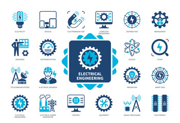 Electrical Engineering icon set. Electricity, Electromagnetism, Instrumentation, Design, Study, Electronics, Telecommunications, Science. Duotone color solid icons