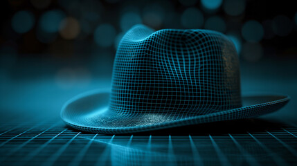 Digital fedora hat closeup on cyber matrix dark surface background - Anonymous dark web online undercover operations off grid limit incognito activities - obrazy, fototapety, plakaty
