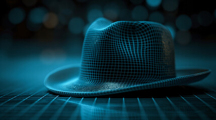 Digital fedora hat closeup on cyber matrix dark surface background - Anonymous dark web online undercover operations off grid limit incognito activities