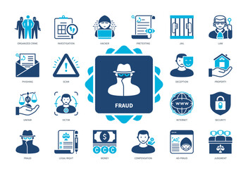 Fraud icon set. Deception, Legal Right, Internet, Security, Property, Scam, Victim, Organised Crime. Duotone color solid icons