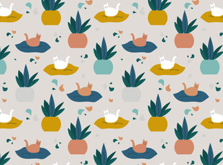 Seamless pattern with cats and house plants. the concept of hobby and home comfort. home textiles. Flat vector cartoon illustration.