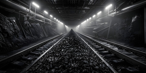 Dark and eerie train station at night,One Train Track In An Empty Room Background. - obrazy, fototapety, plakaty