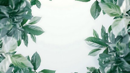 Fototapeta premium Frame of green leaves, letterhead for writing text. Concept of minimalism. Top view, flat. Generative Ai