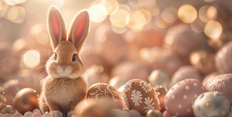 Fototapeta na wymiar An Easter bunny sits among a collection of colorful Easter eggs in a vibrant and festive setting