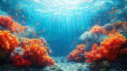 Exotic fishes and coral reefs under an underwater scene