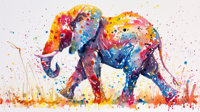 a watercolor painting of an elephant walking in a field of grass and grass with paint splatters all over it.