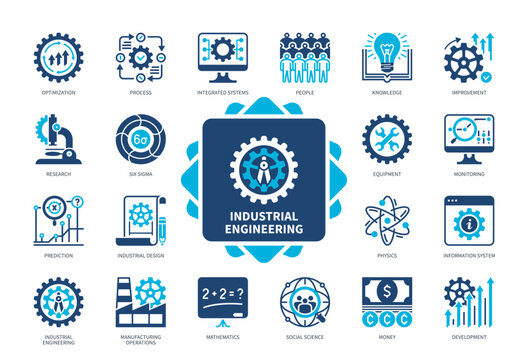 Industrial Engineering icon set. Process, Research, Industrial Design, Knowledge, Physics, Equipment, Social Science, Development. Duotone color solid icons
