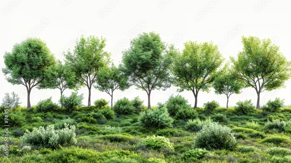 Aufkleber Tree line cutout. Row of green trees and shrubs isolated on white. Forestscape. High-quality clipping mask. Trees and greenery.