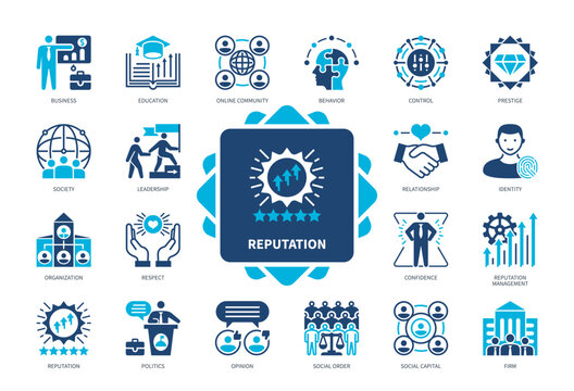 Reputation icon set. Social Order, Prestige, Leadership, Respect, Society, Confidence, Management, Relationship. Duotone color solid icons