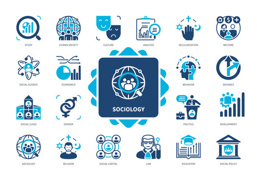 Sociology icon set. Study, Human Society, Culture, Gender, Social Science, Deviance, Social Capital, Secularization. Duotone color solid icons