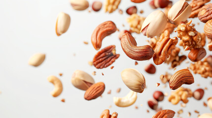 Closeup macro image Variety of Nuts in Mid-Air on White Background - obrazy, fototapety, plakaty