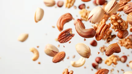 Fotobehang Closeup macro image Variety of Nuts in Mid-Air on White Background © Gejsi