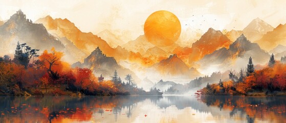 Artistic background. Vector landscape painting. Chinese style, mood landscape painting, golden texture. Painting in ink. Modern Art. Prints, wallpapers, posters, murals, carpets.