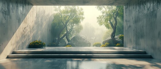 This is a 3D render of an empty concrete room with a large window on a nature background.