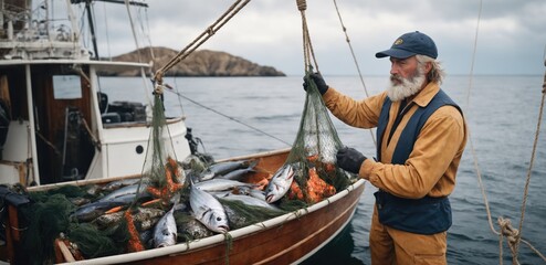 Senior fisherman-sailor holds nets with fish catch in his hands. Wooden boat of working mariner. Web banner of commercial Fishing Industry. Ai generation