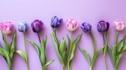 a row of purple and pink tulips with green stems on a purple background with a green stem in the middle of the row. - obrazy, fototapety, plakaty