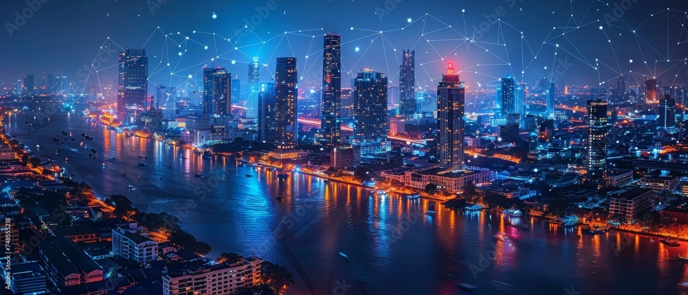 Poster Creating smart networks and connecting to the Internet at night in Thailand, panoramic view of Bangkok city at night