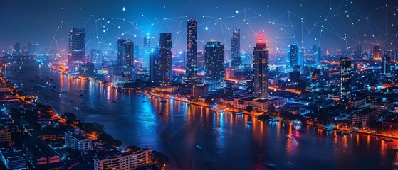 Creating smart networks and connecting to the Internet at night in Thailand, panoramic view of Bangkok city at night