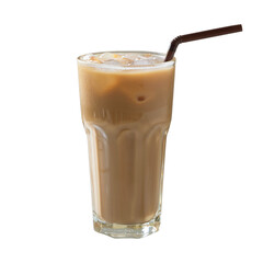 Iced latte coffee on transparent glass and tube-sucking isolated white background, summer drink concept